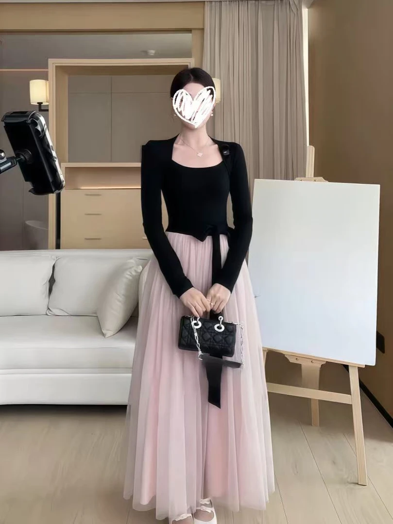 大码女装2025千金感撞色显瘦大摆裙气质连衣裙拼接长裙裙子针织