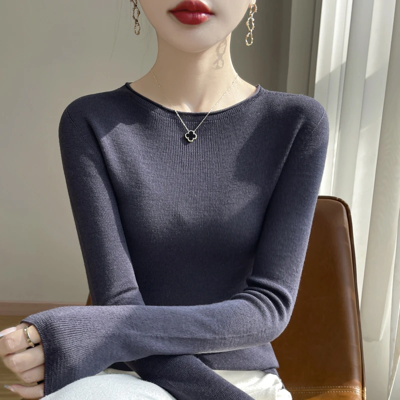 微光轻柔~秋冬新款精纺羊毛一线成衣圆领套头打底衫羊毛衫女