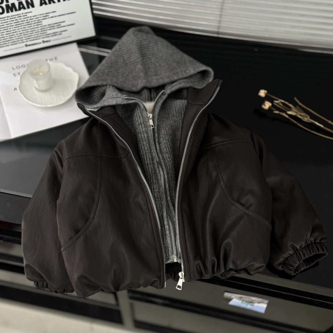 2025冬季加绒新款韩版休闲洋气宽松韩系假两件拼接连帽皮衣70718