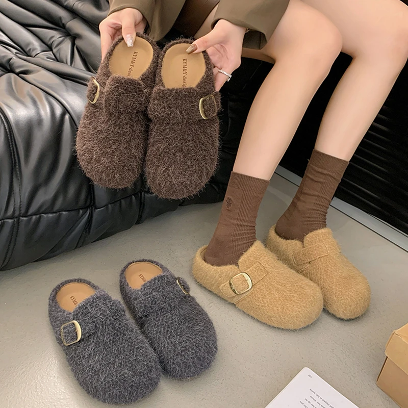 复古勃肯鞋毛毛拖鞋女外穿2025年新款一脚蹬懒人鞋加绒包头棉拖