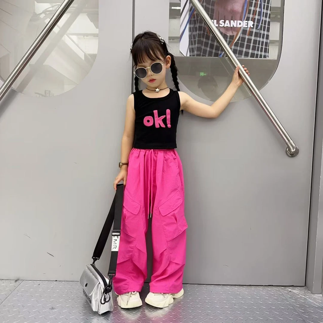 女童夏季新款时髦短袖工装裤套装中大童修身背心T恤爵士两件套潮