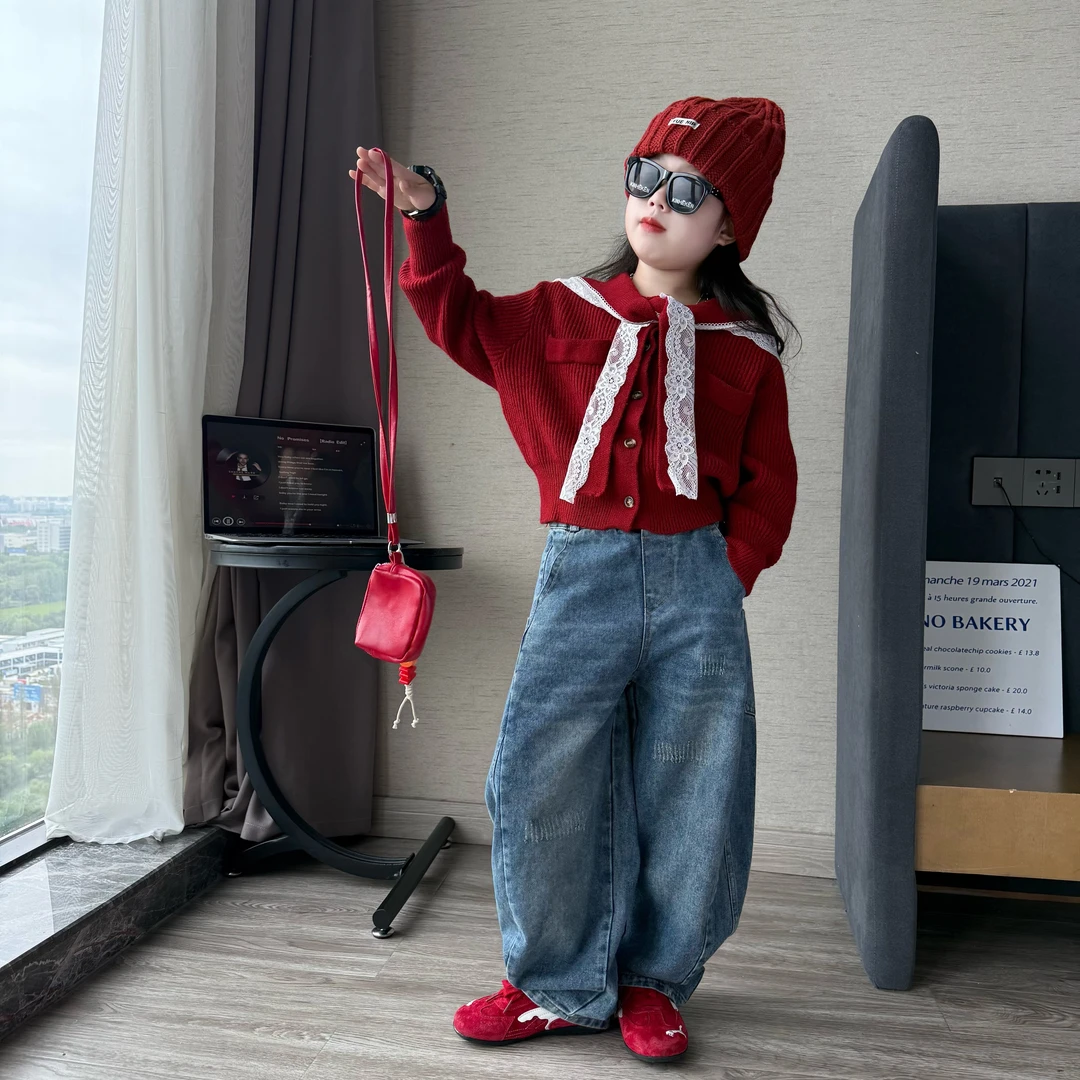 女童2025秋季韩版时尚披肩开衫毛衣外套中大童牛仔弯刀直筒裤潮
