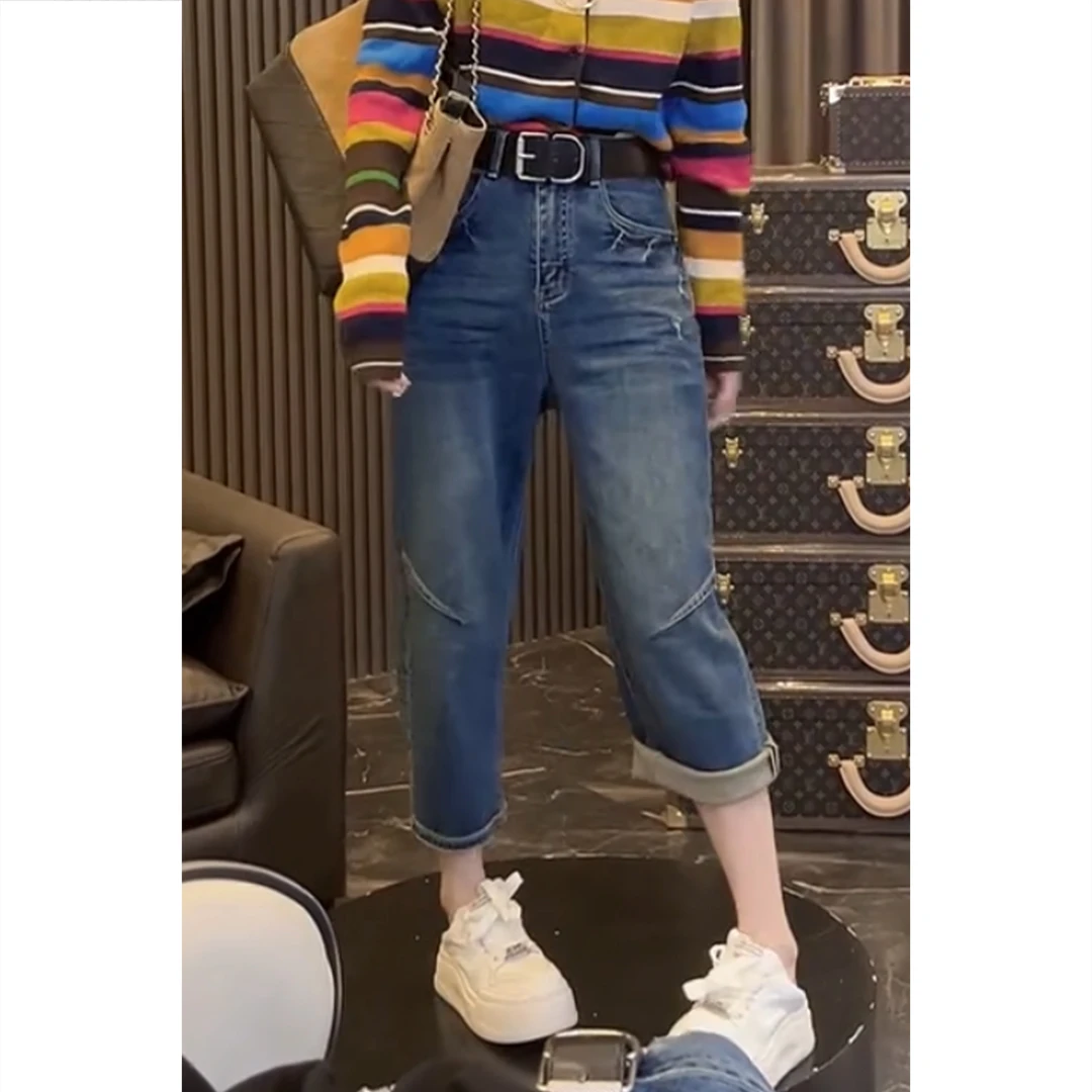 艾塔莉秋季女水洗牛仔裤高腰百搭宽松阔腿裤直筒拼接小个子八分裤
