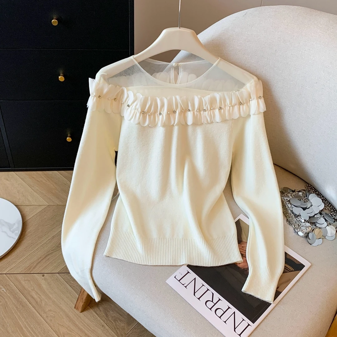 大码女装高级感网纱拼接木耳边长袖针织衫2025秋季设计感百搭上衣