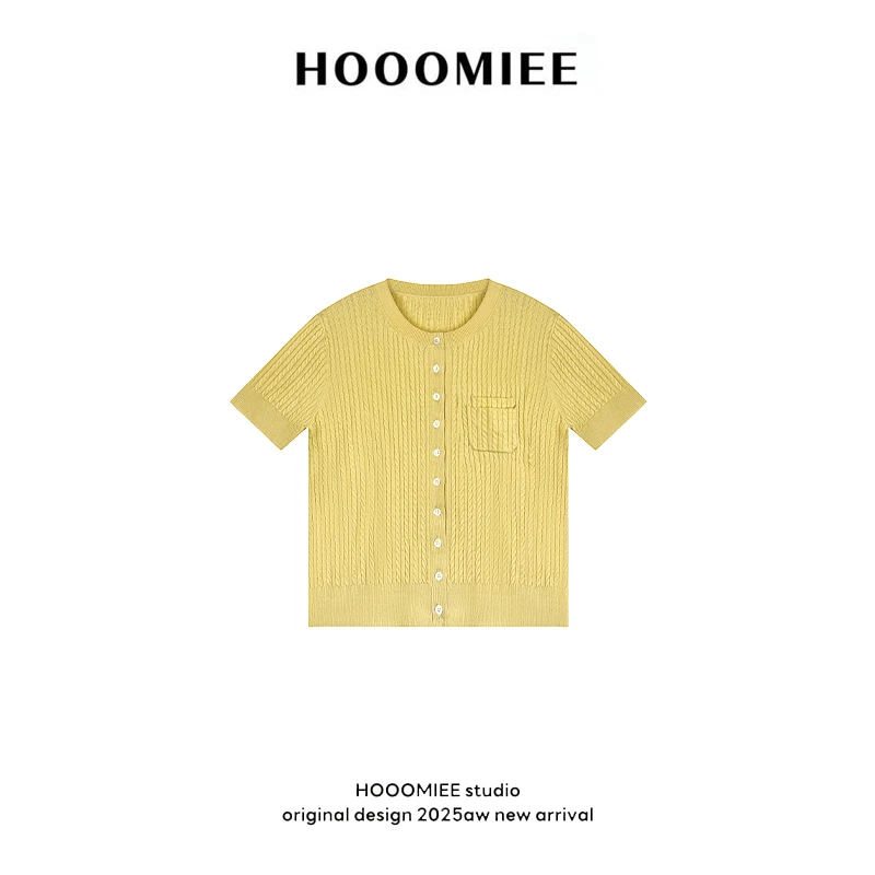 Hooomiee绞花坑条雅黄排扣日常百搭女士T恤短袖开衫250167
