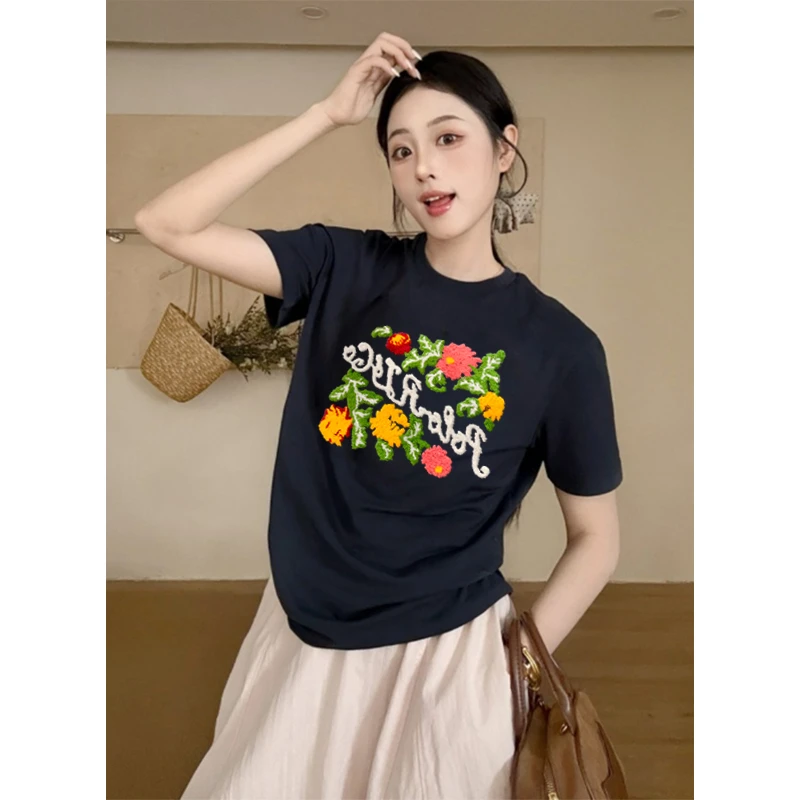重工毛巾绣正肩短袖T恤女夏季圆领百搭韩版ins设计感花朵藏青上衣