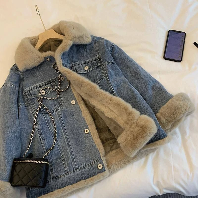 羊羔毛牛仔外套女加绒加厚毛茸茸休闲bf风棉服宽松派克服女大衣