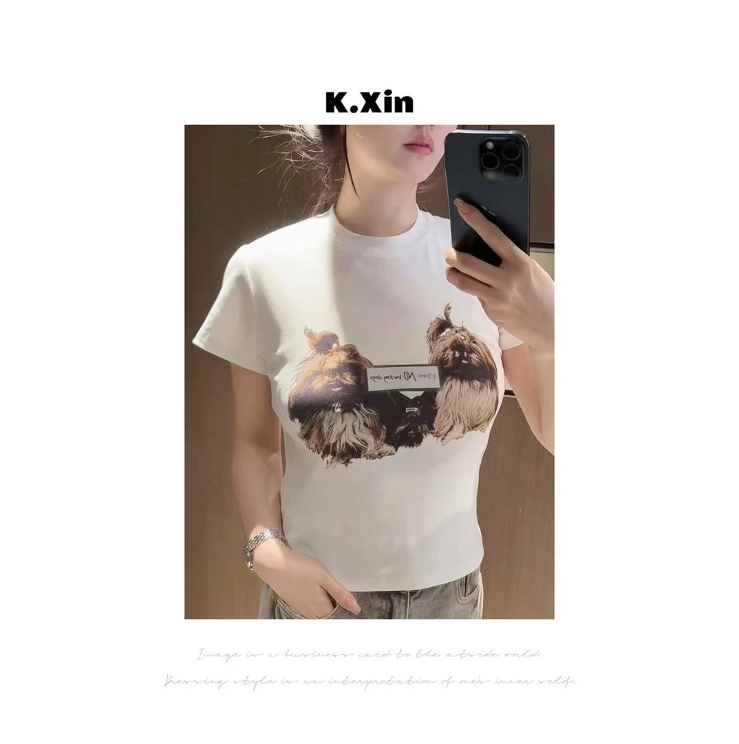 小众潮牌小狗烫印工艺正肩圆领减龄休闲T恤衫百搭设计感I5553