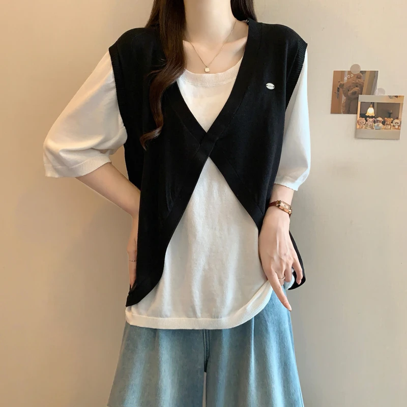 披肩马甲拼接短袖t恤假两件宽松上衣女设计感胖mm大码遮肚子200斤