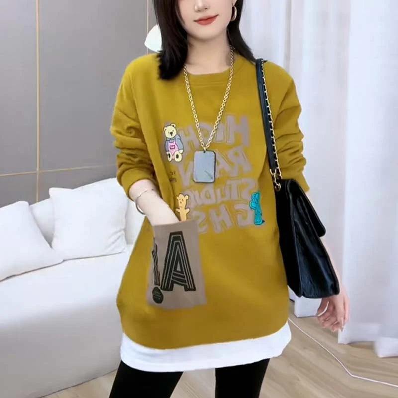 高含棉时尚中长款长袖卫衣女2025年秋冬季假两件宽松显瘦圆领上衣