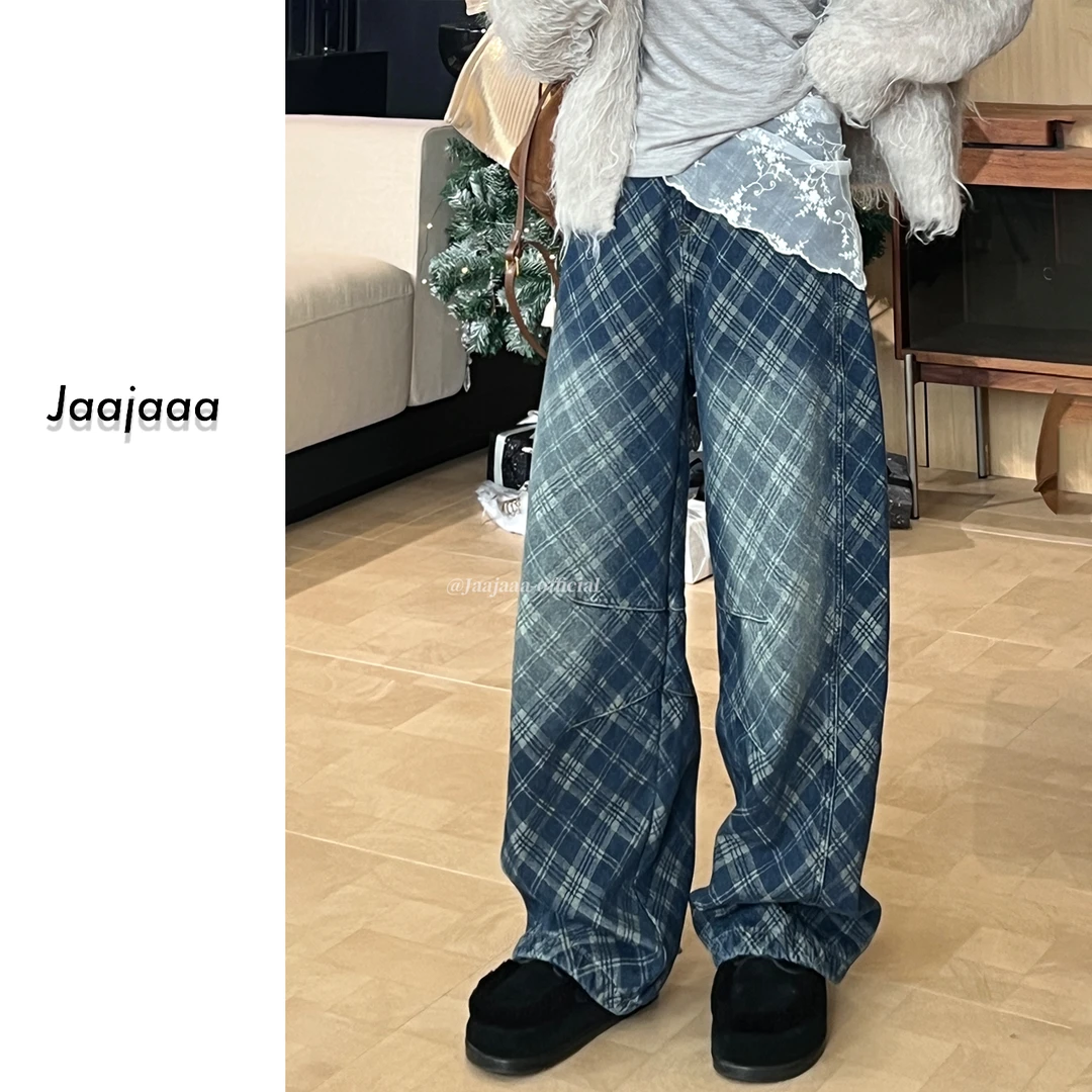 Jaajaaa格纹古茶  小众设计百搭时尚气质简约拼色格子牛仔裤/CCAI