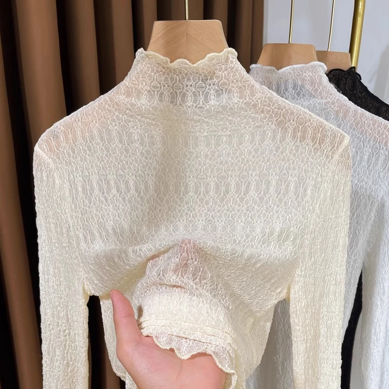 春秋半高领蕾丝打底衫女2025新款洋气薄款镂空木耳边毛衣内搭纱衣