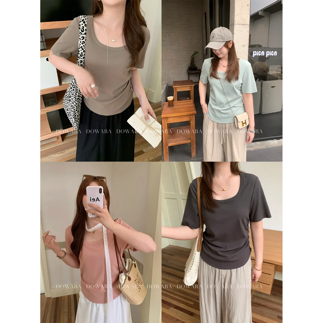 现货大婉酱微胖定制300g方领短袖T恤夏季春游新款抽褶上衣6668D