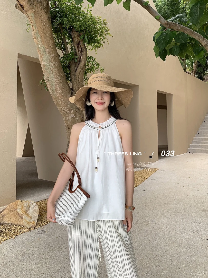 福秒-串珠系带领口、花苞型宽松背心（03R403#）033