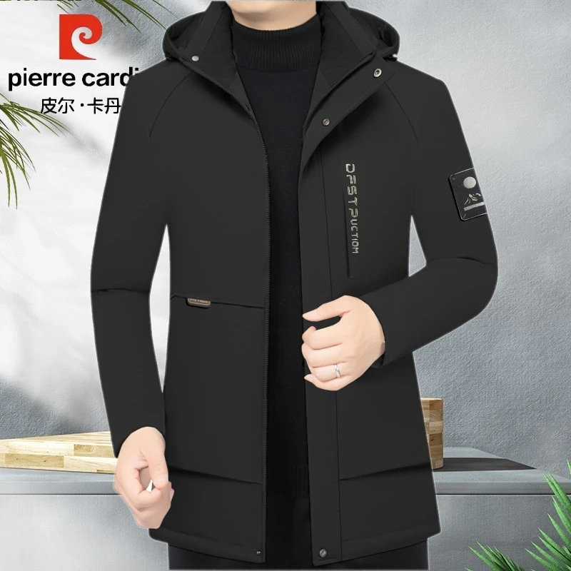 皮尔卡丹男士棉衣秋冬季新款外套加绒加厚棉服商务休闲可脱卸帽