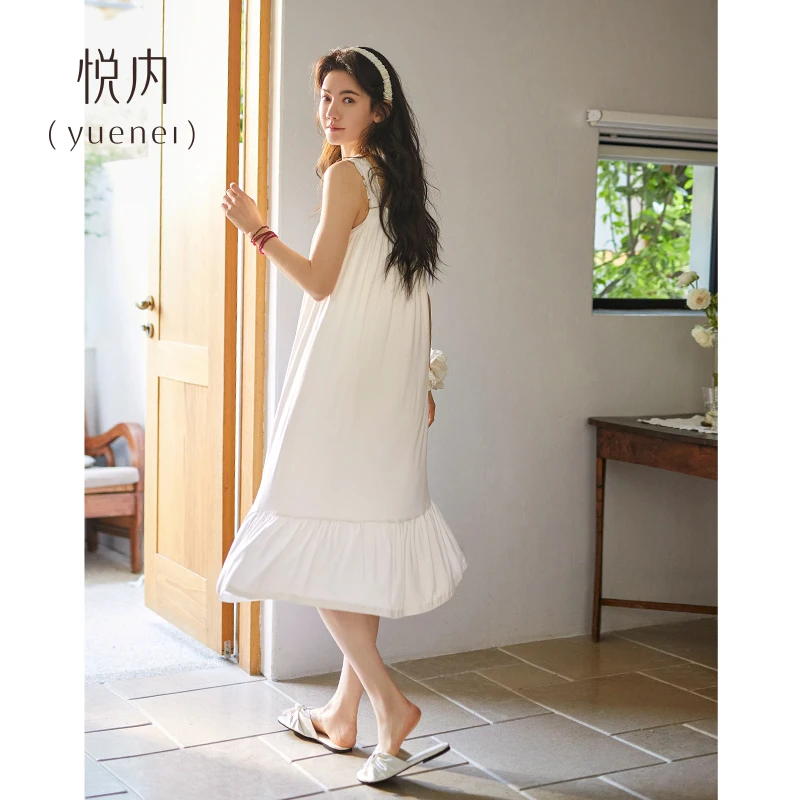 悦内带胸垫睡裙女睡衣夏季夏天莫代尔无袖背心大码白色长裙可外穿