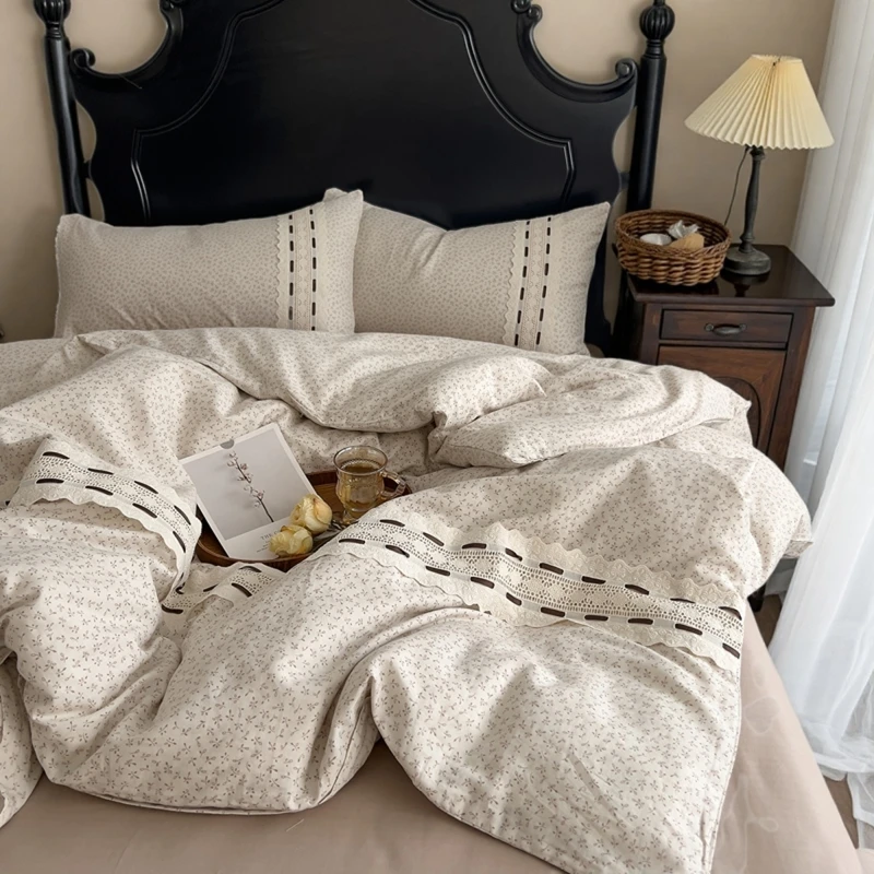 法式复古小碎花蕾丝花边全棉双层纱四件套纯棉床单床笠被套三件套