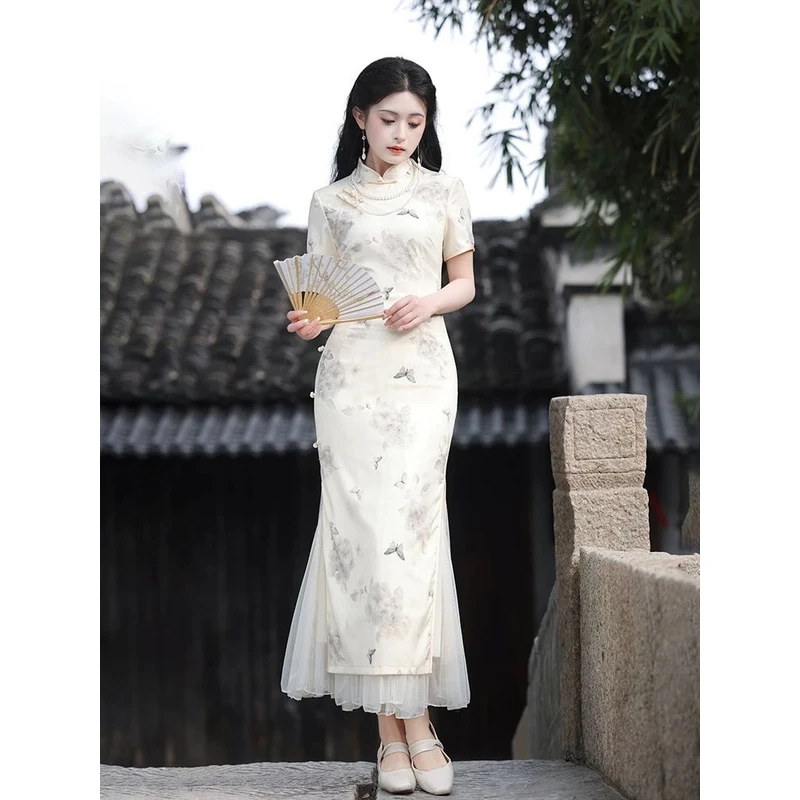 旗袍夏款2025年新款古典收腰修身长款年轻新中式气质国风连衣裙