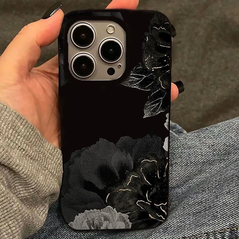 黑牡丹适用苹果15手机壳iPhone13大孔14promax防摔12软11亮面78