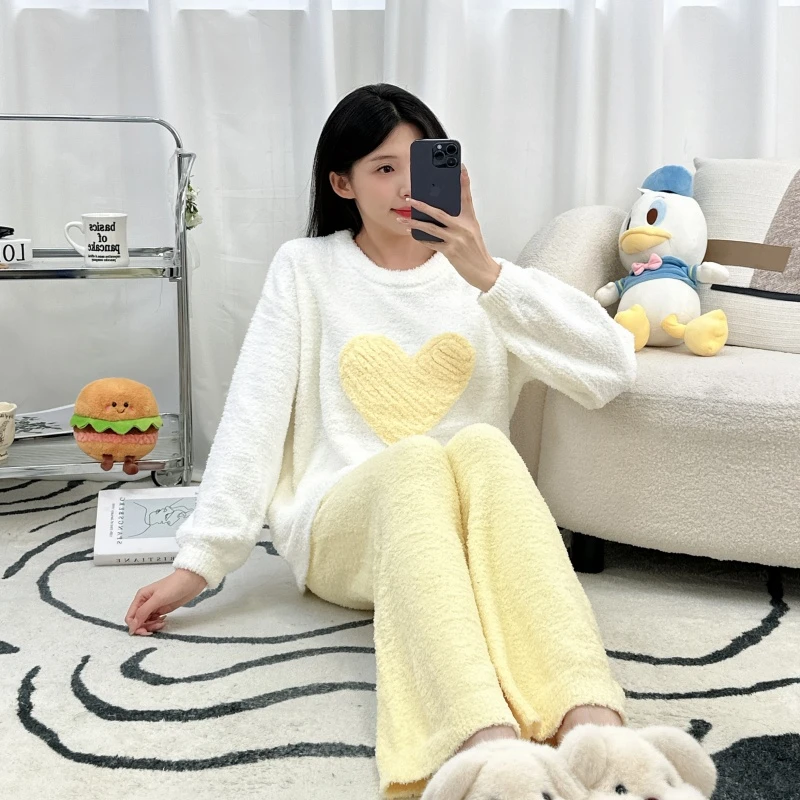 女士睡衣秋冬季卡边绒简约高级感加厚爱心少女冬天家居服套装外穿