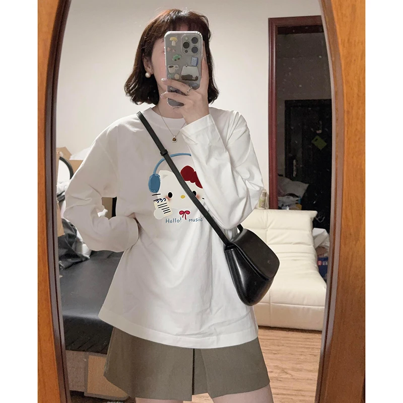 Kitty凯蒂猫纯棉长袖t恤女2025新款宽松设计感小众打底上衣白色