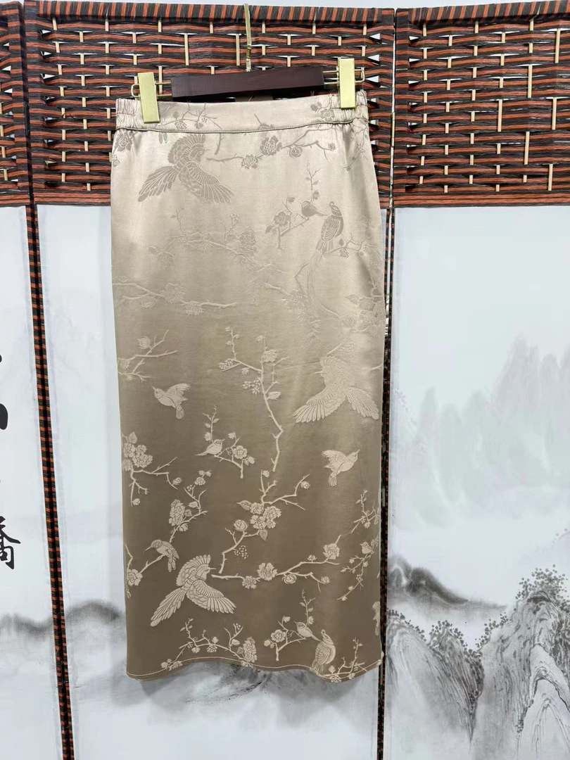 2025新款提花真丝简约喜上眉梢开叉显瘦半身裙【100%桑蚕丝】C090