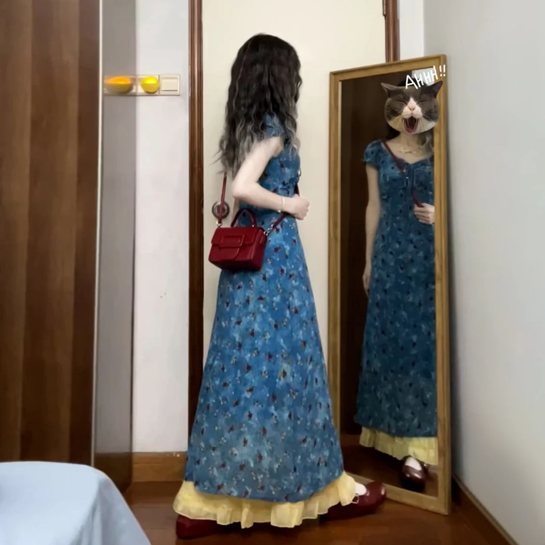 夏日巨好看法式蓝色碎花连衣裙子女装2025新款清冷系禅意衣服女