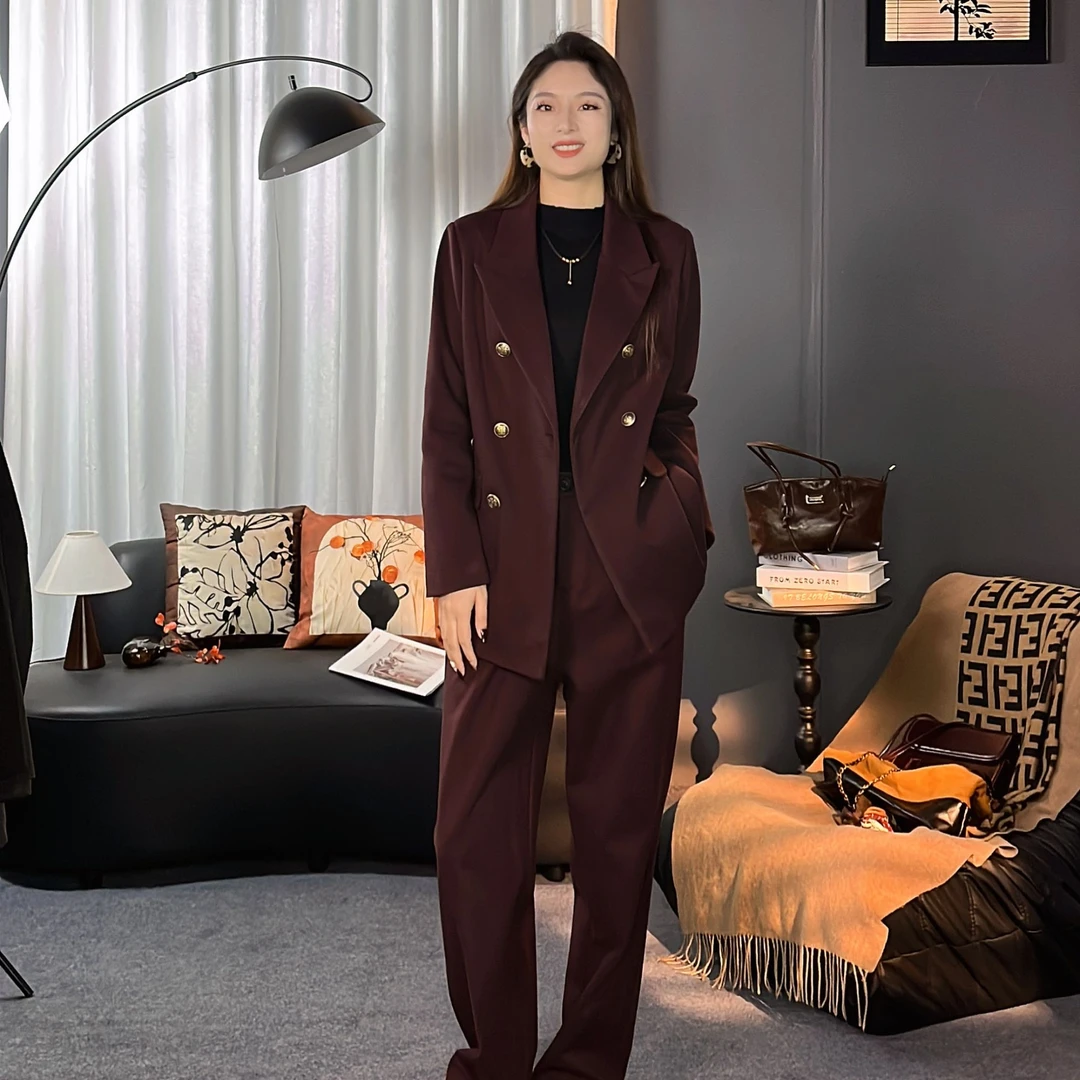 澜火火【芳华格调2】酒红色新款春款呢料外套西装阔腿裤套装15-20度
