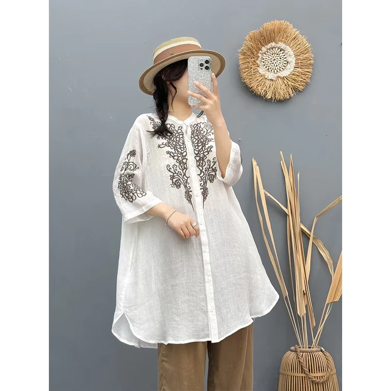 复古斜纹苎麻内里包边刺绣中长款衬衫女文艺宽松百搭显瘦休闲上衣