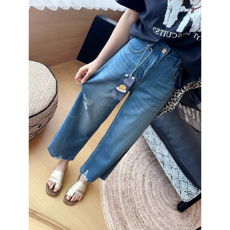 薄款女百搭大码牛仔裤破洞显瘦高腰夏季外穿宽松休闲直筒裤