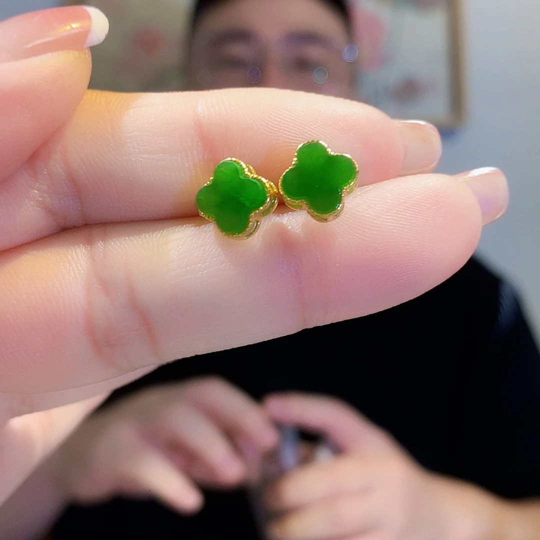 和田玉（碧玉）耳饰银S925镀金镶嵌