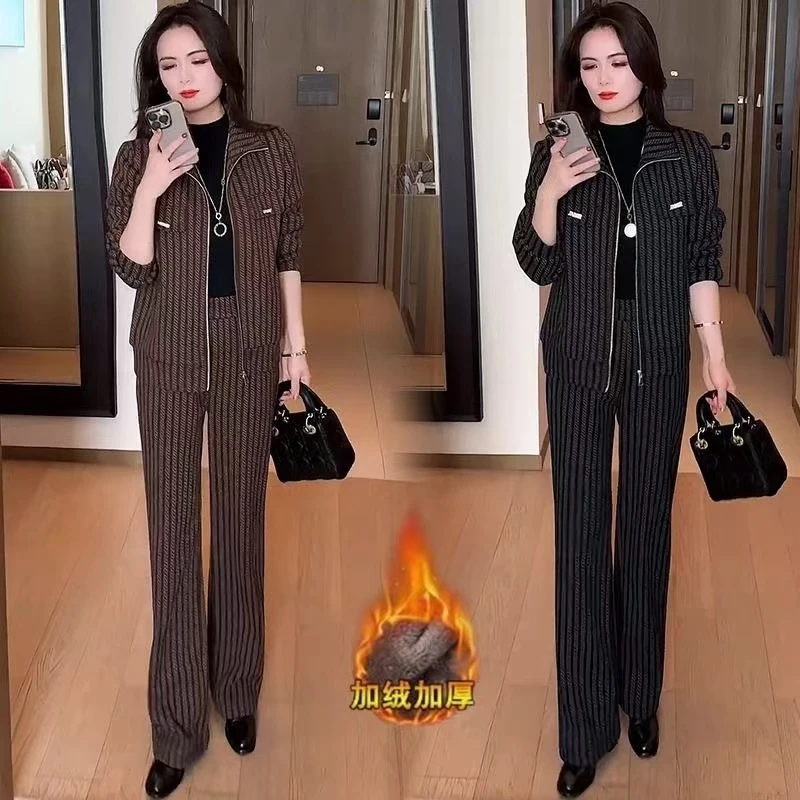 妈妈装加绒时尚套装女2025新款洋气休闲外套阔腿裤两件套