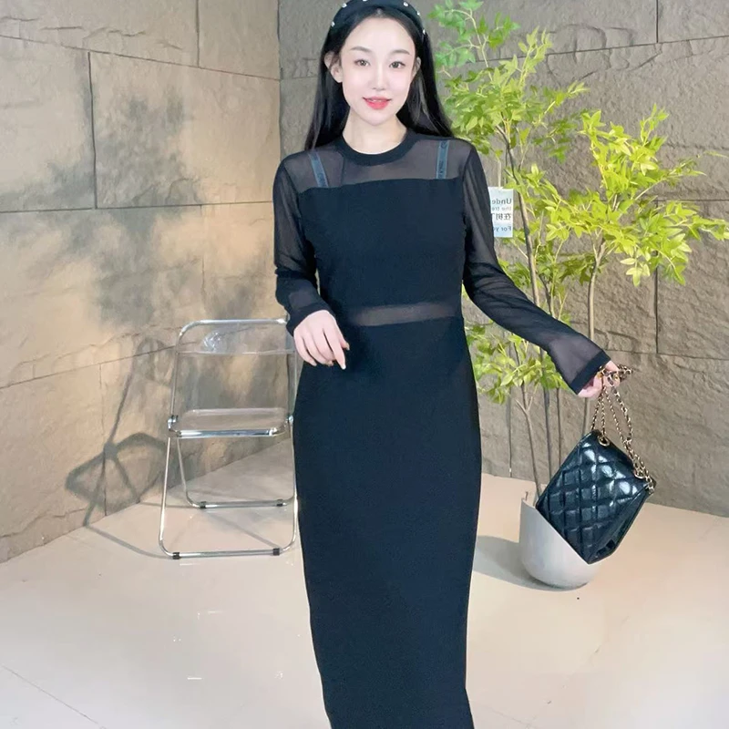 小妈风大码显瘦气质长袖春夏百搭开叉修身拼接圆领时尚打底连衣裙