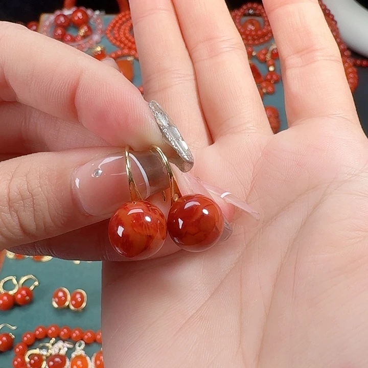 南红玛瑙银S925镶嵌耳饰