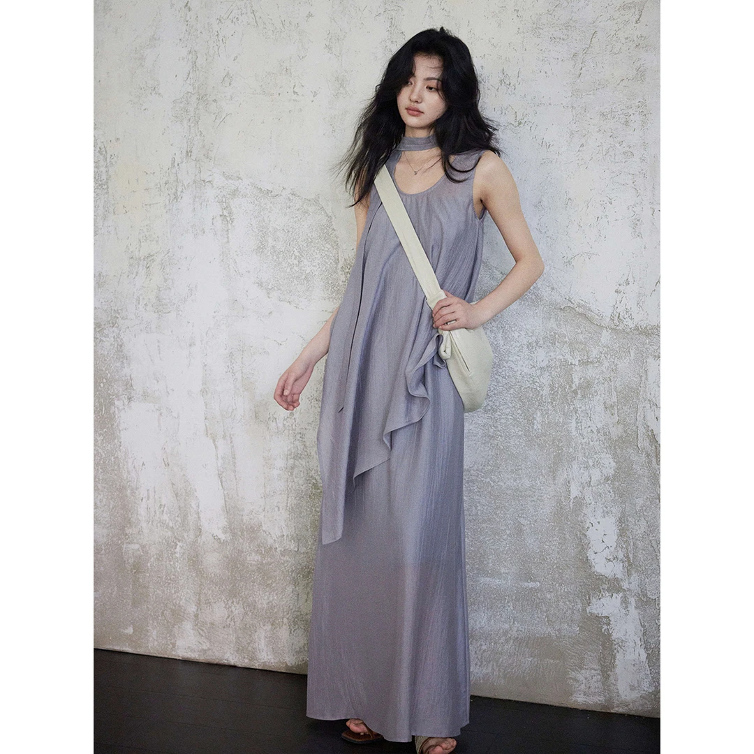 贰羊设计【望舒】飘逸气质慵懒风不规则无袖背心+大摆吊带裙夏季