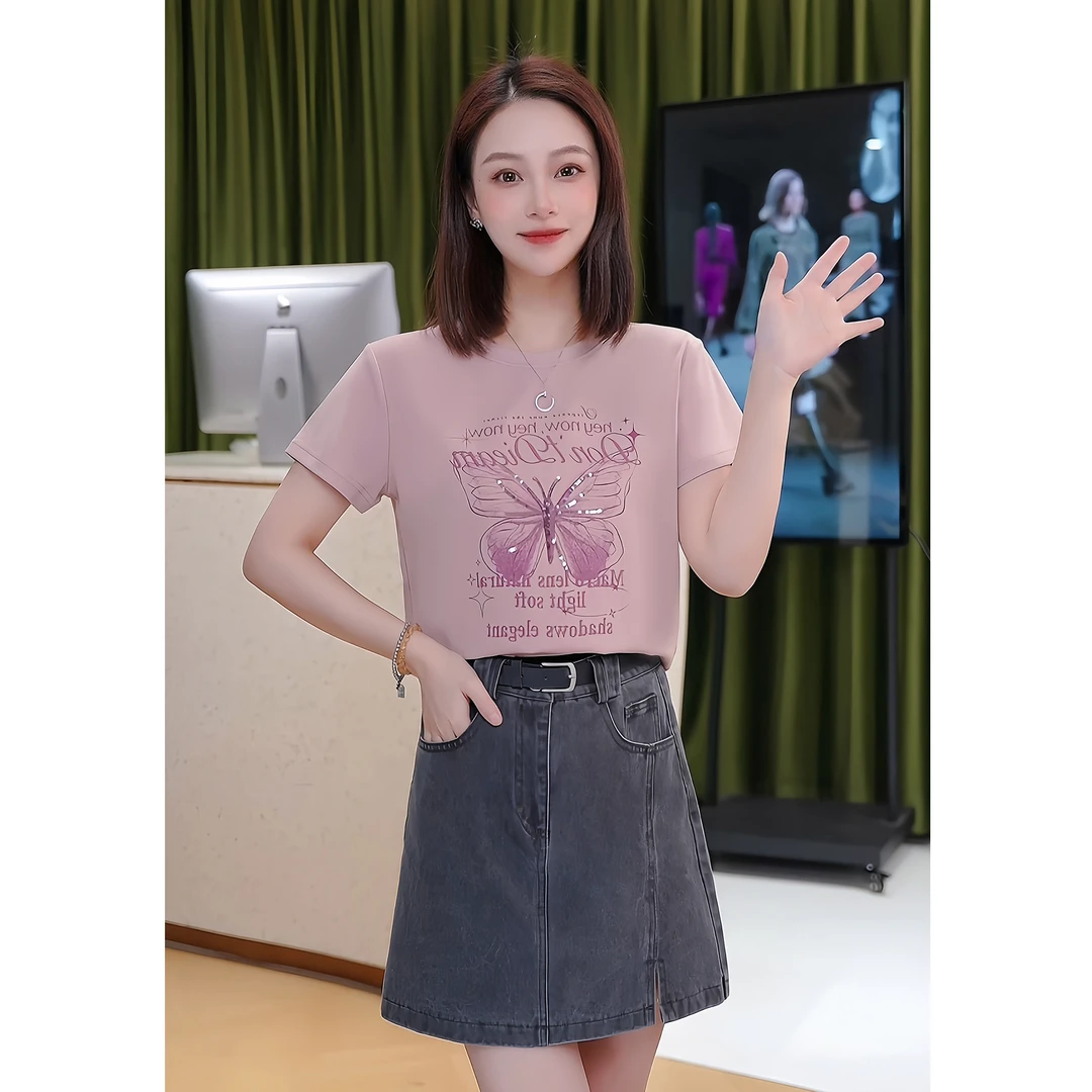 艾格2025年新款显瘦蝴蝶字母气质短袖T恤时尚休闲百搭春夏季修身