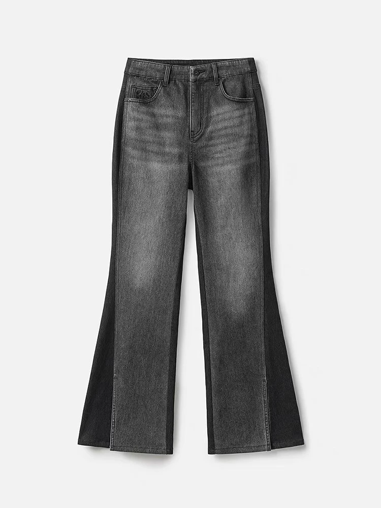 B～商场同款高腰显瘦时髦牛仔裤女24冬季新款拼接微喇裤