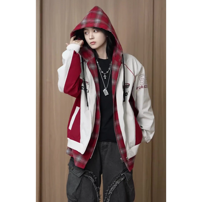 美式假两件机车格子衫男秋季高街痞帅设计感连帽夹克复古撞色外套