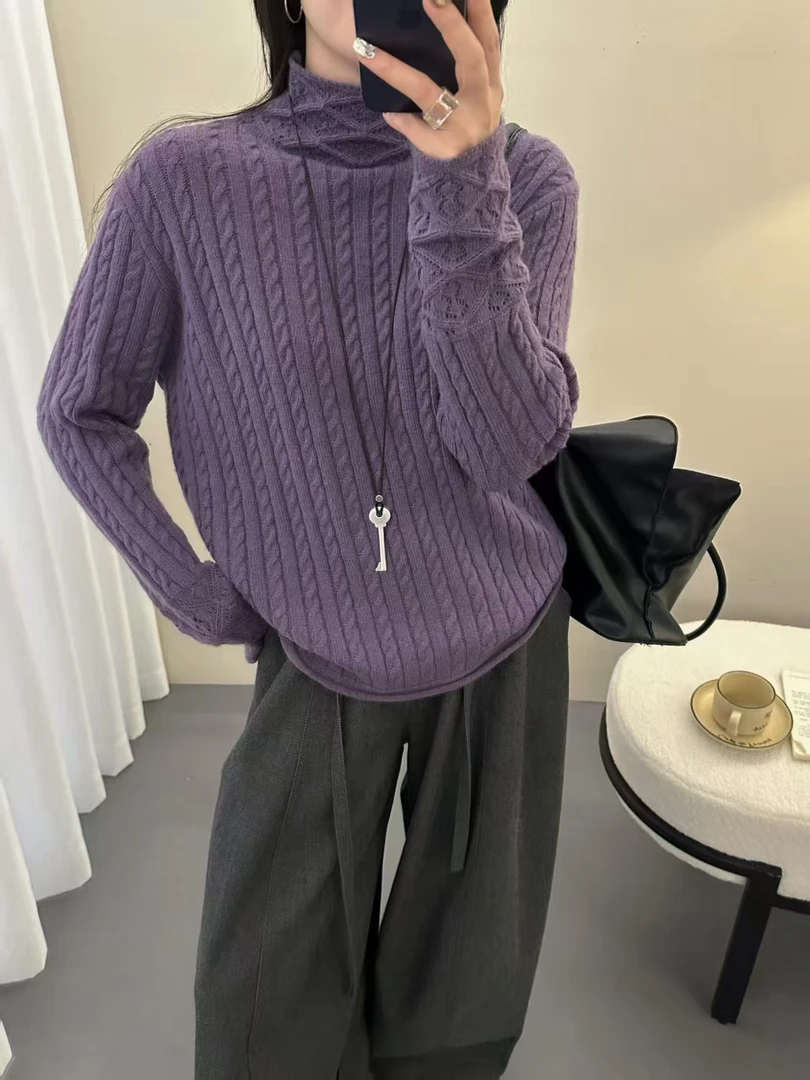 【蜜熊绒】秋冬保暖紫色毛衣时尚柔软半高领麻花纹纯色开衫女f1845