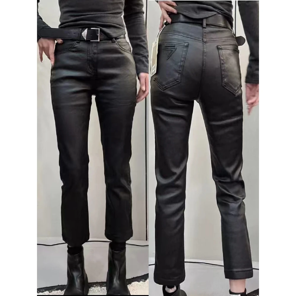 2025秋冬网红爆款欧货修身显瘦薄绒弹力八九分抓绒涂层烟管皮裤女