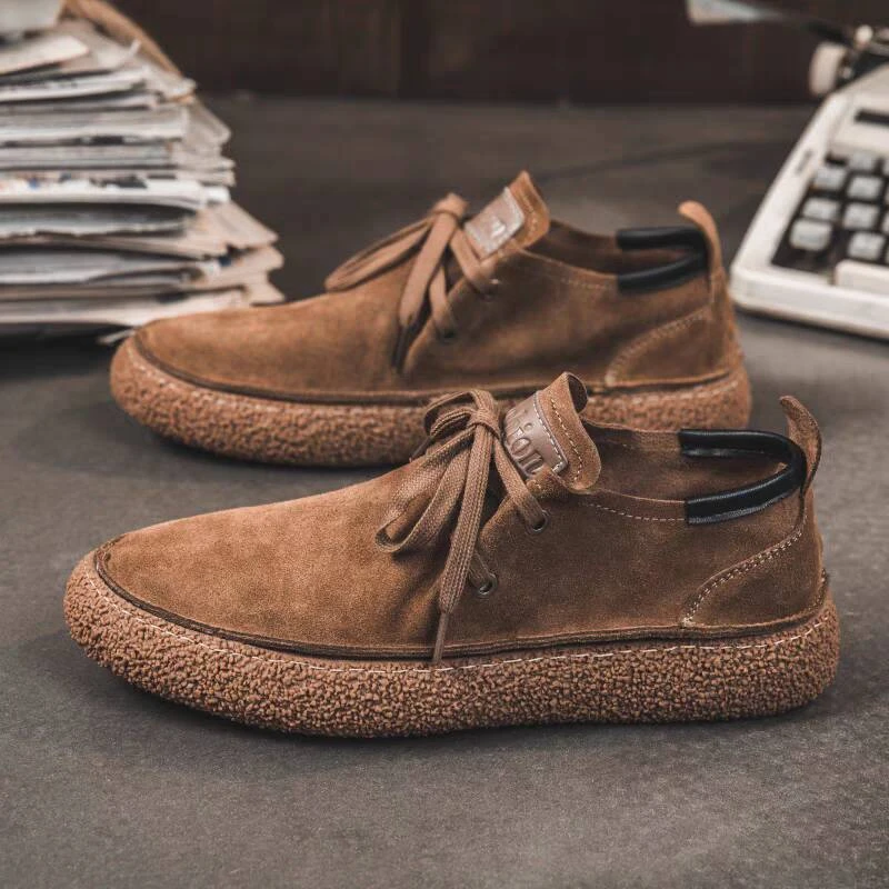 男士休闲翻毛皮鞋子新款真皮透气复古潮流软底系带皮鞋低帮板鞋男