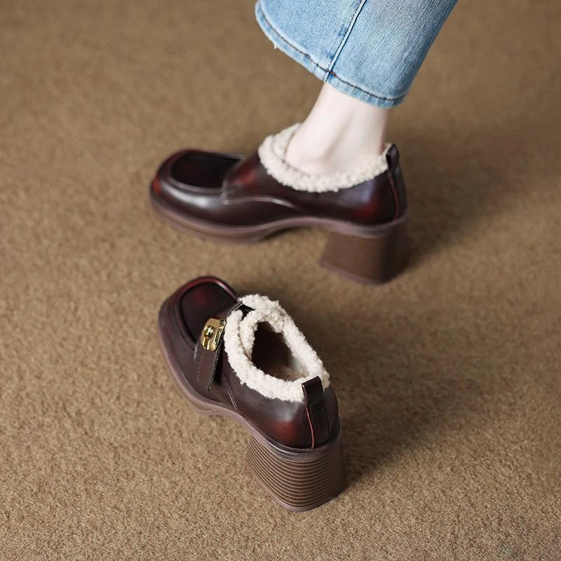 木木712-16复古单鞋学院风洋气乐福鞋2025秋冬新款加绒厚底皮鞋