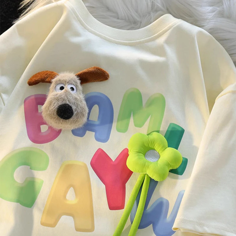 【多巴胺】夏季儿童短袖T恤纯棉2025中大童印花立体卡通半袖上衣潮