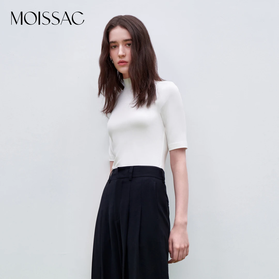 【KK专属】MOISSAC/摩萨克 秋季绣花半高领中袖打底衫MWDQ80122