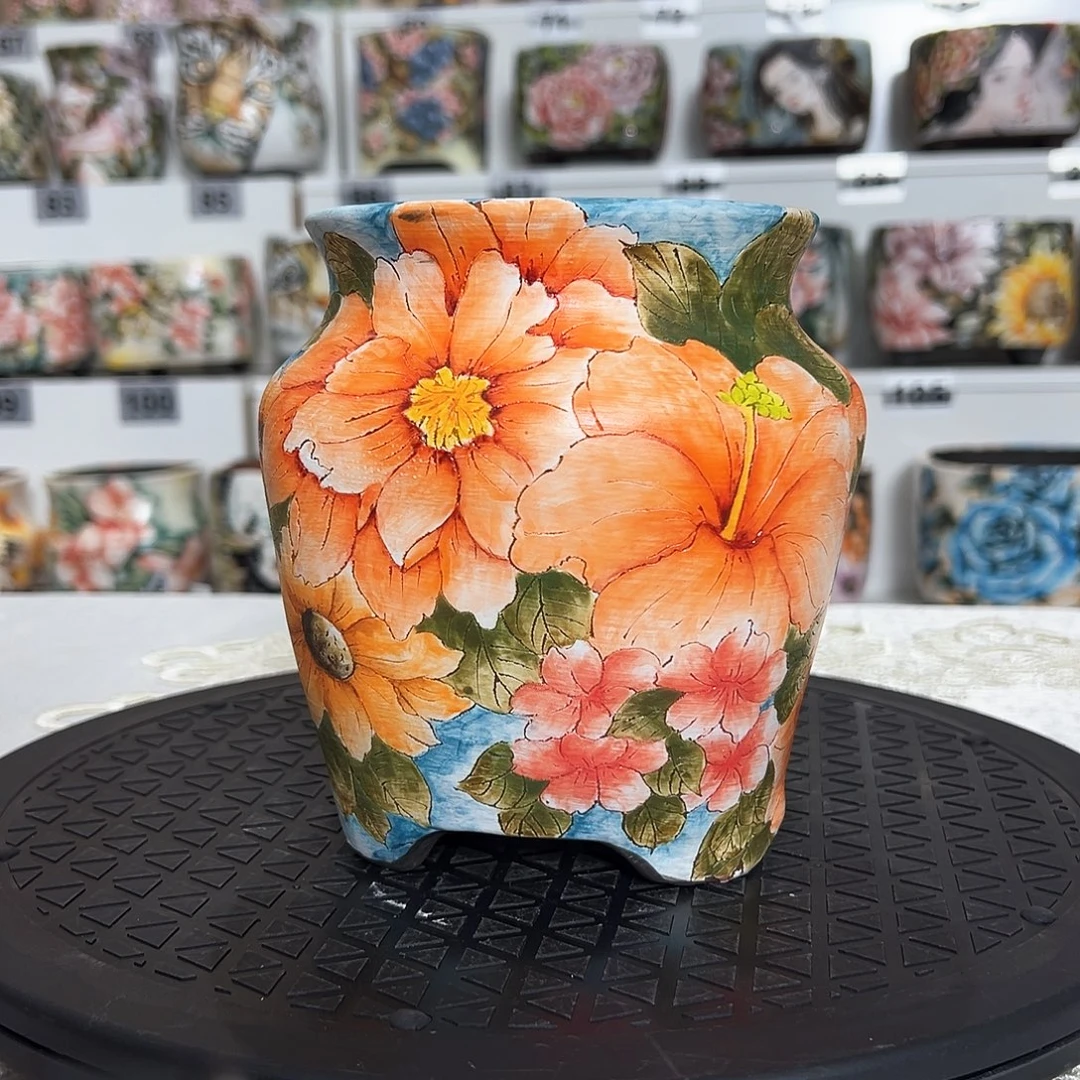 手绘陶瓷花盆口10.5高14.8