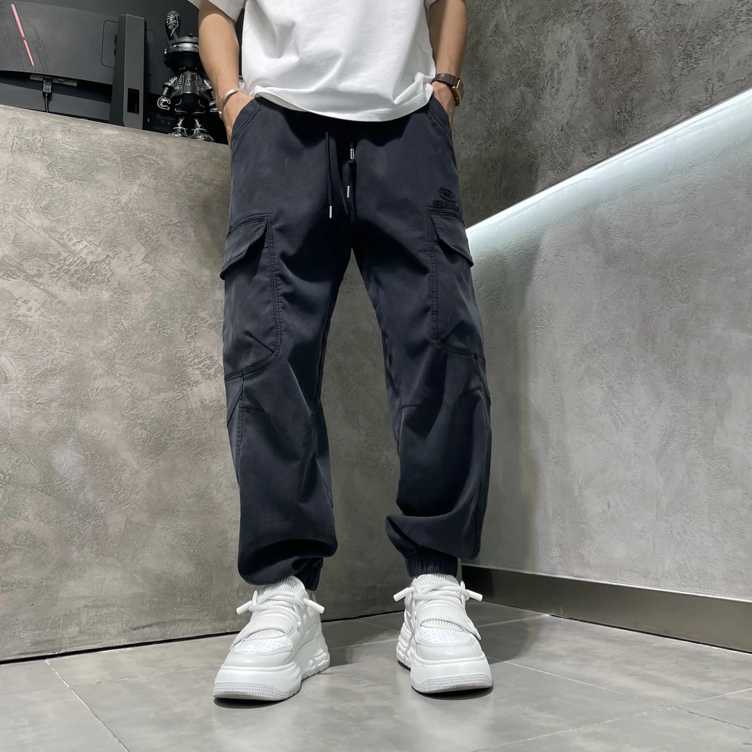 日系宽松美式素面工装裤休闲洗水百搭秋冬韩版刺绣男束脚长裤裤子