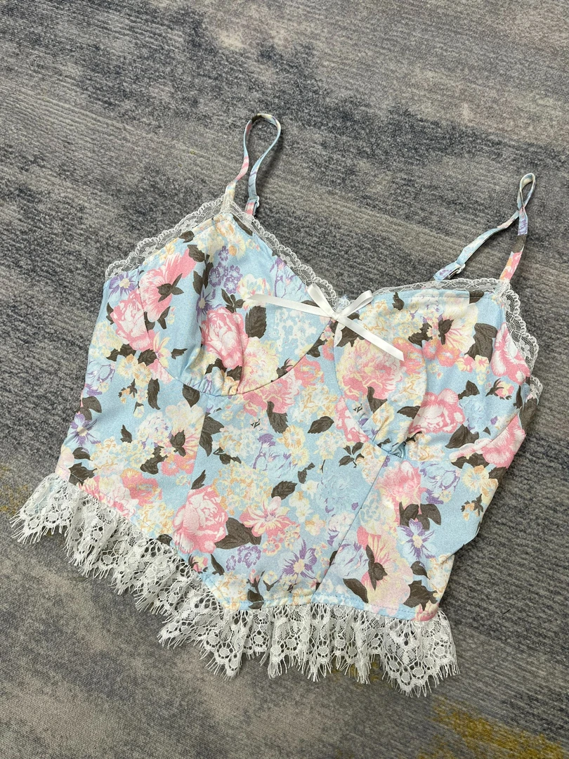 蕾丝流须边碎花小吊带