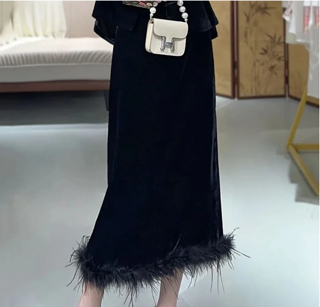 新中式国风女装入秋穿搭丝绒气质半身裙2024C6663开开