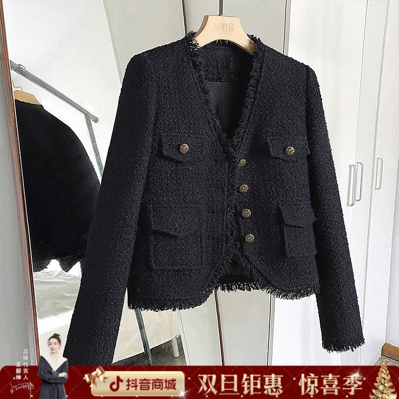 丝柏舍2025绵羊毛冬新女时尚毛边气质显瘦短V领长袖外套S33R3400A