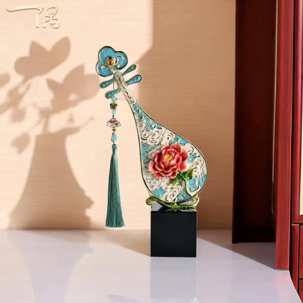 新中式珐琅彩牡丹花琵琶摆件客厅酒柜电视柜装饰艺术乔迁新居礼品